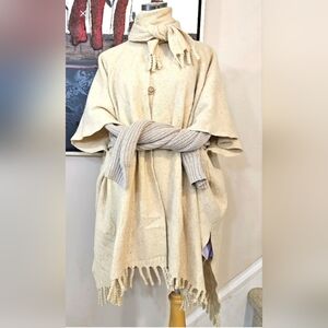 Cream Wool Vintage Poncho with Attached Scarf/Bow-O/S